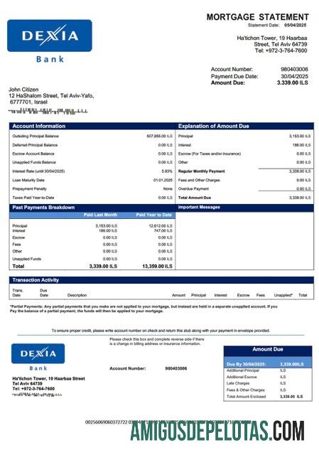 em branco Modelo Word e PDF de declaração de hipoteca do Israel Dexia Bank